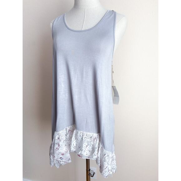 NEW Women's Gray Lace Trim Sleeveless Tank Top Large Lace Tunic Swim Coverup - Picture 1 of 6